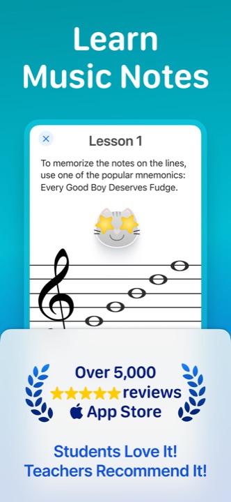 Learn Music Notes Piano lesson screen showing the Every Good Boy Deserves Fudge mnemonic on a treble staff