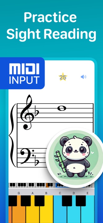 Sight reading practice on the grand staff with MIDI input and a panda sticker reward