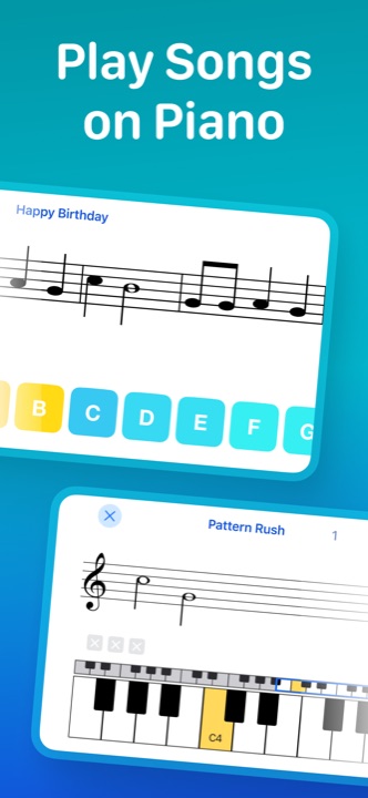 Playing Happy Birthday from sheet music with colorful note buttons, plus the Patterns Rush game
