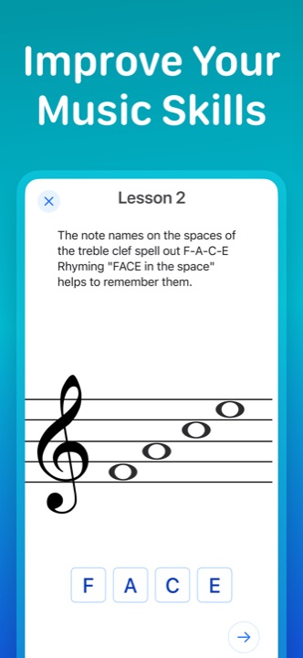 Lesson teaching the FACE in the space mnemonic for treble clef space notes